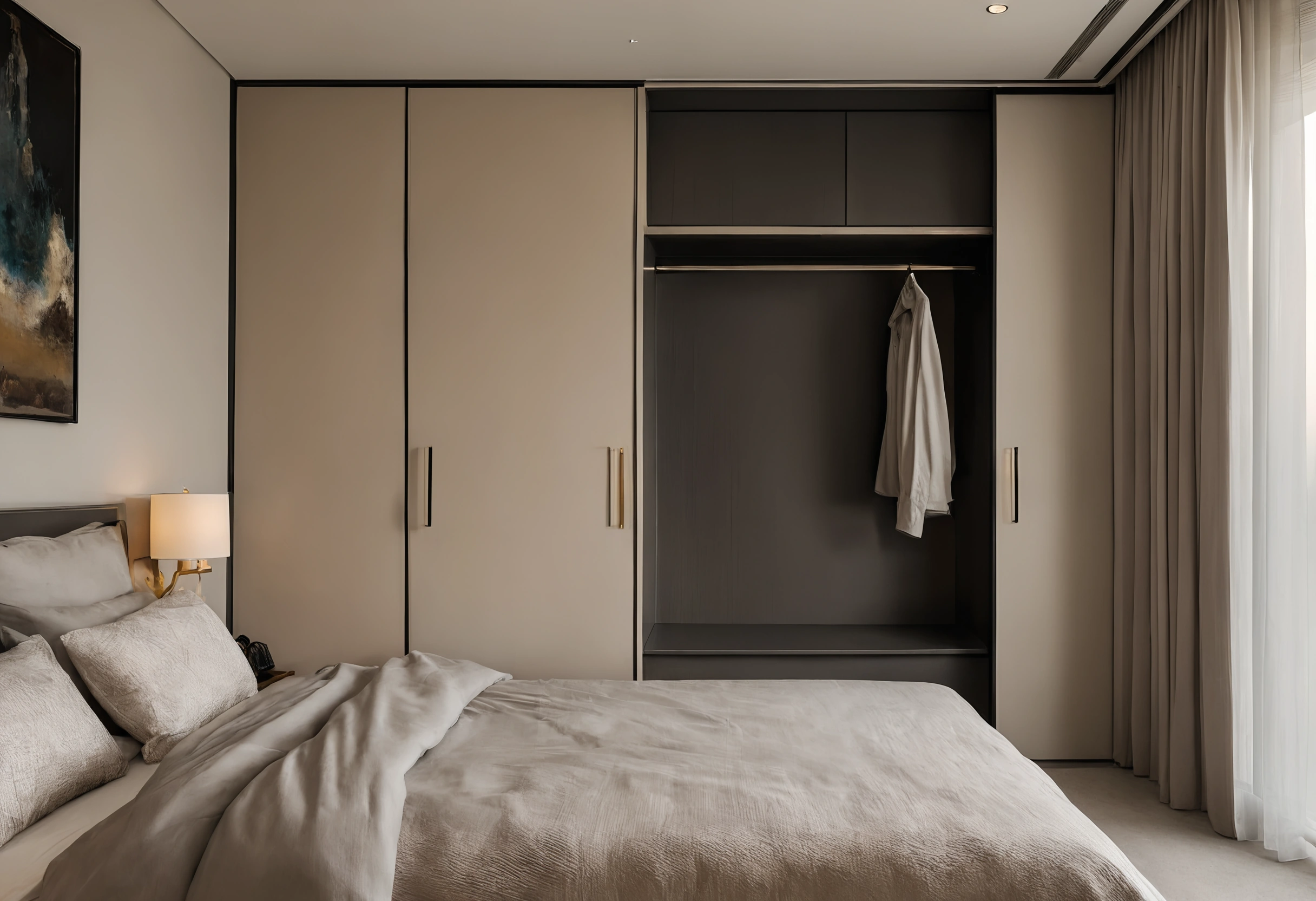 Built-in wardrobe wall in a Dubai apartment bedroom with one section open showing hanging space, beside a bed and a wall lamp