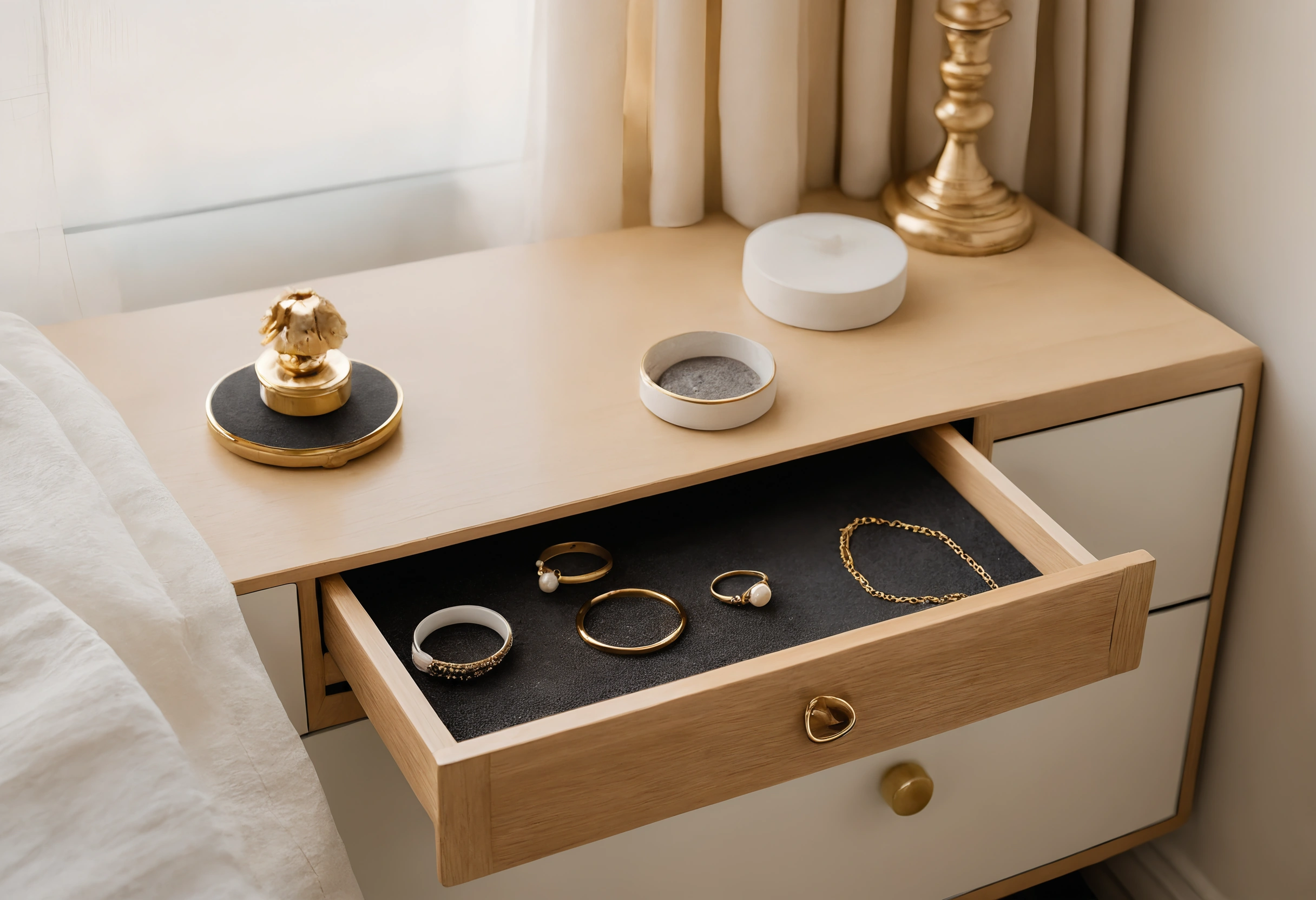 Open dressing table drawer lined with dark felt holding rings and a chain laid apart, with gold accessories on the top
