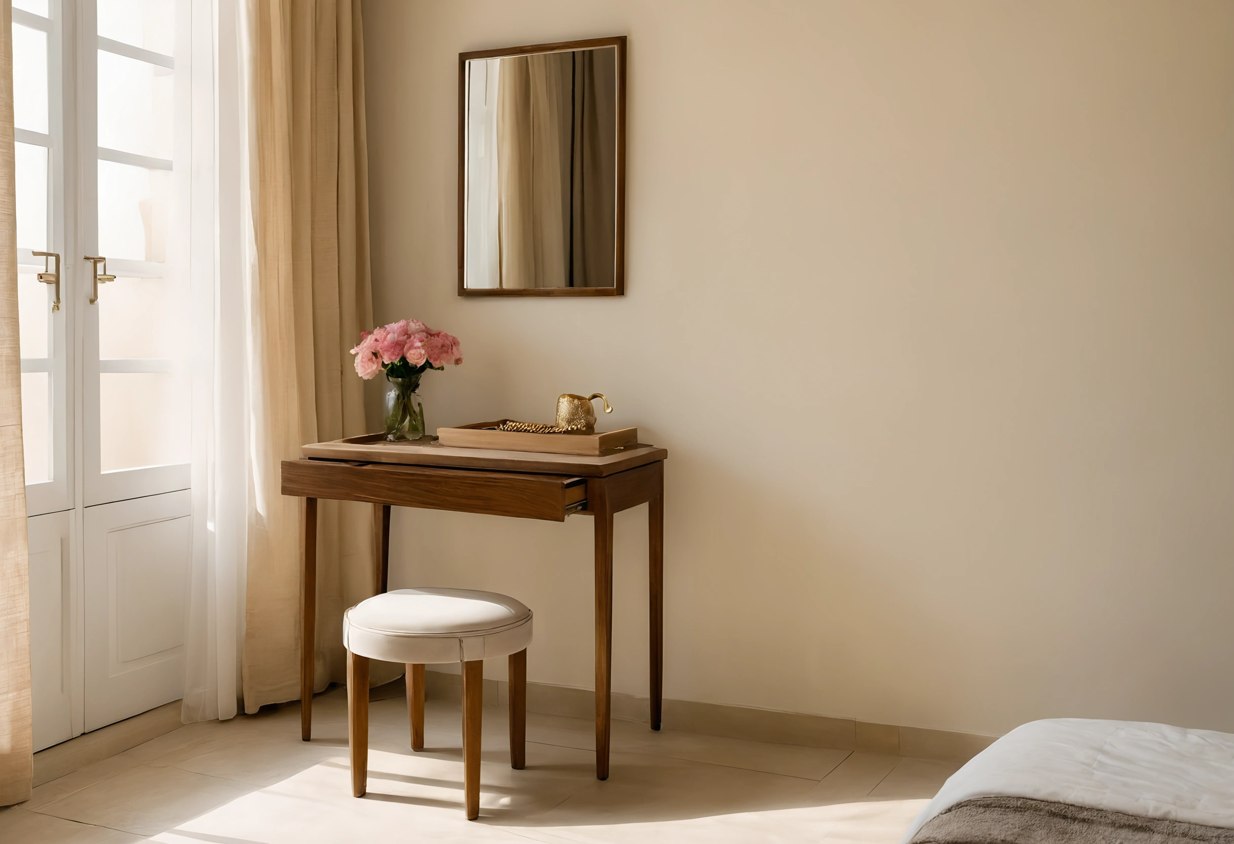 Small walnut dressing table with a mirror, a stool and a tray of gold jewellery beside a window with sheer curtains in a villa bedroom
